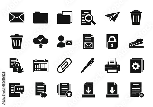 A comprehensive collection of black glyph icons for office administration, document management, and digital communication interfaces