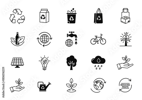 Ecology and environment minimal icon set. Vector symbols for recycling, renewable energy, and sustainable lifestyle concepts on a white background