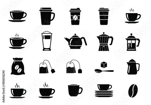 A minimal set of black silhouette glyph icons representing various coffee and tea brewing methods and accessories
