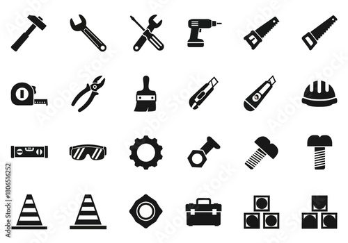 A comprehensive vector icon set of black silhouettes representing various construction, repair, and do-it-yourself hardware tools