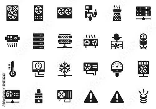 Data center and server cooling technology solid glyph icon set. Minimal vector symbols for IT infrastructure