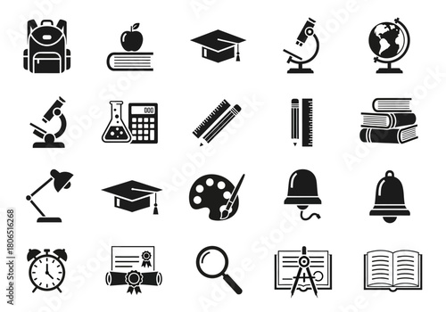 Collection of simple black and white vector glyph icons for education, science, and school subjects isolated on a white background