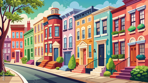 Very beautiful row of colorful houses along a charming curved street in the West Village, featuring pastel façades, classic windows, and leafy details that highlight Manhattan’s cozy residential chara