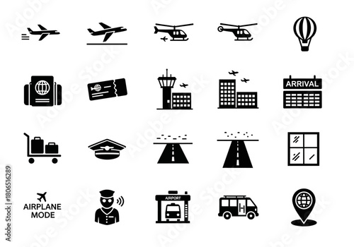Collection of monochrome glyph icons representing air travel, airport services, aviation, and transportation symbols for web and mobile