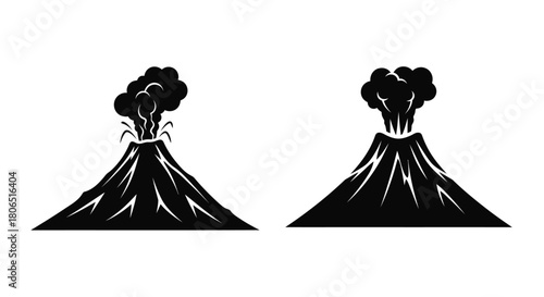 Two black silhouette illustrations depict erupting volcanoes with smoke and lava