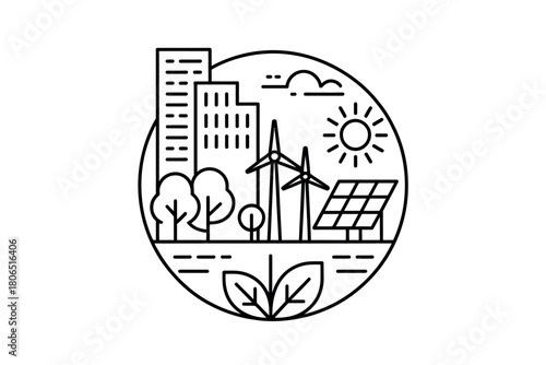Urban environment integrating renewable energy sources and nature.