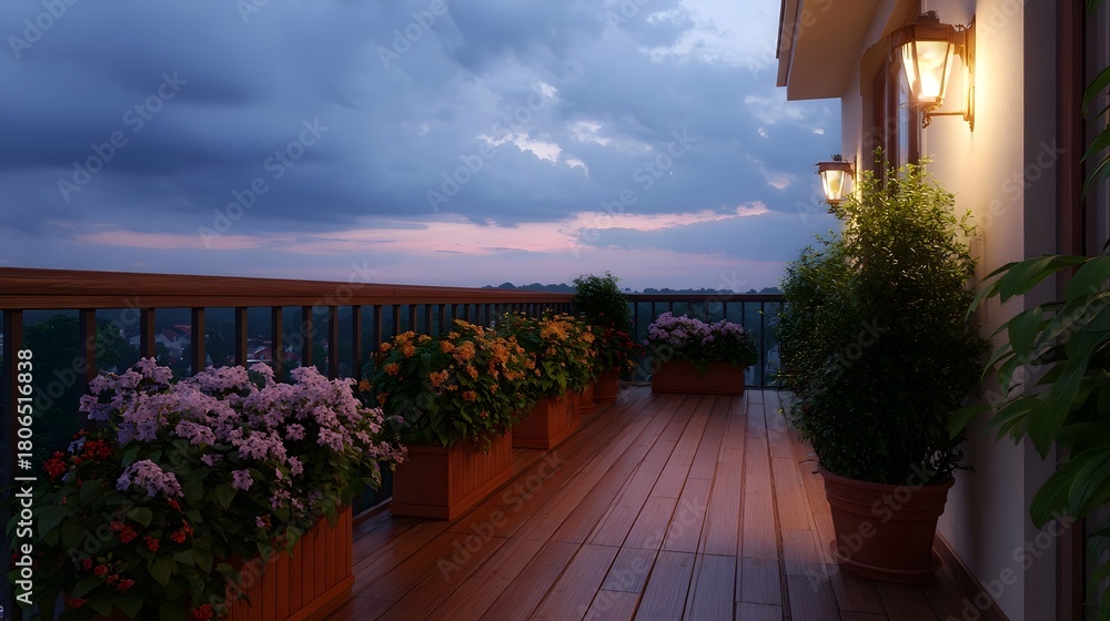 Naklejka premium Serene balcony view at dusk featuring colorful potted flowers wooden deck and warm outdoor lighting