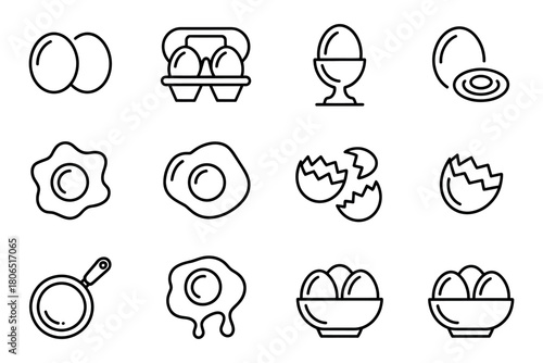 A collection of twelve line art icons depicting various egg preparations and related items.