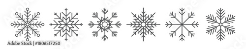 Simple line art snowflake icons: elegant winter decoration and christmas design elements.