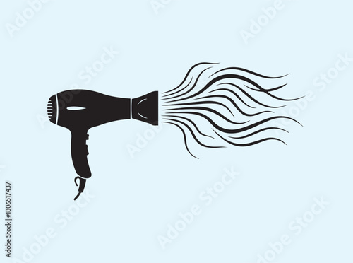 Solid Black Hair Dryer Illustration with Dynamic Air Movement
