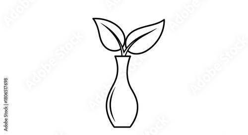 Elegant contour drawing showcasing a vase with two sprouting leaves symbolizing simplicity and