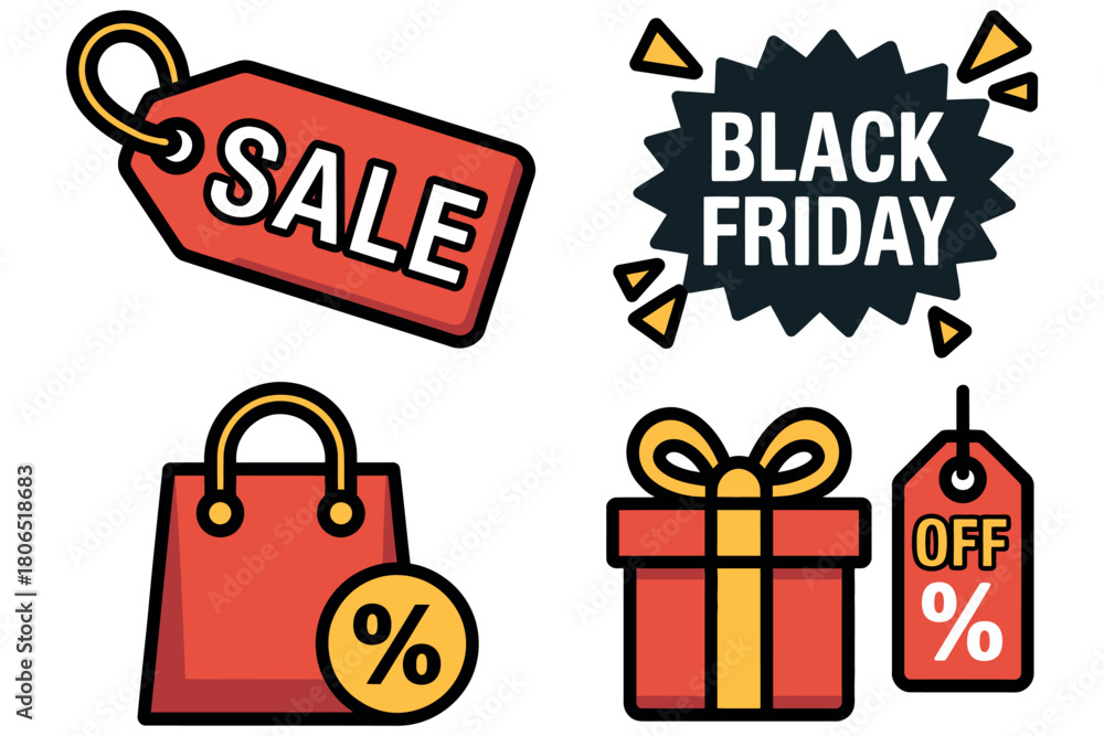 Fototapeta premium Black Friday sale and shopping icons including gift boxes and tags