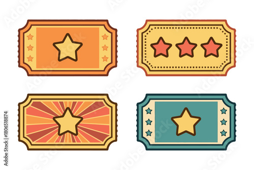 Four vintage style tickets with stars are displayed on a white background.