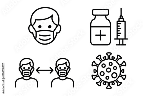 Icons represent health, safety, and protection against viruses like COVID-19.