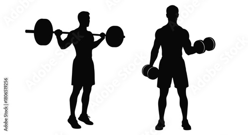 Silhouette of a man performing barbell and dumbbell weightlifting exercises