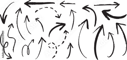Vector Set of Grungy Different Arrows, Hand Drawn, Doodle, Textured, Scribble