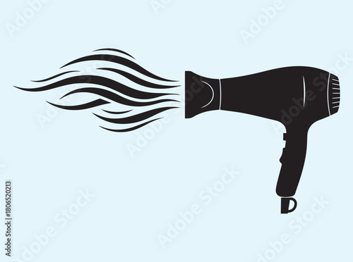 Vector Hair Dryer Silhouette Blowing Air Streams on White Background

