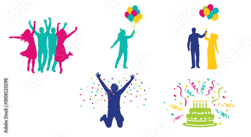 Celebratory silhouettes depict joyful people balloons confetti and a birthday cake