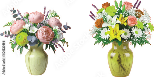 The plain white background serves to isolate the subjects, making the flowers and vases the undisputed focal points. It eliminates distractions and allows the colors and details 

