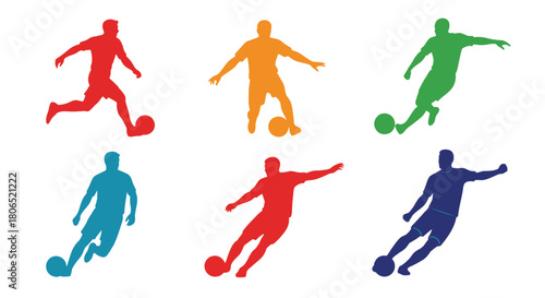 Colorful silhouettes of soccer players in dynamic action poses