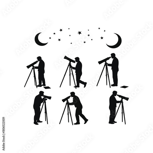 Astronomer observes the night sky full of stars and moon.