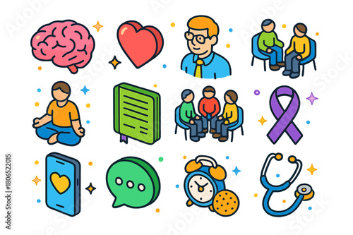 Emotional Well-being Icons. Emotional well-being. Colorful isometric vector icons set of emotional well-being: brain, heart, therapist, counseling session,