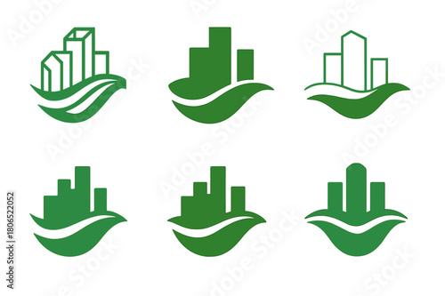 Green Bonds Logos. Green bonds. Icon set. Set Logo of green bonds: city skyline funded by a flowing green bond stream. harmonious logo variations of the same
