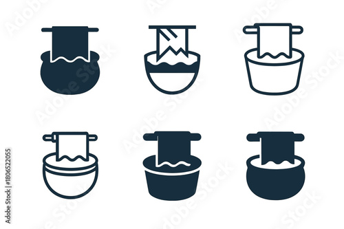 Craft Renaissance Icons. Craft renaissance. Icon set. Set Logo of Craft renaissance: indigo dye vat with hanging fabric. harmonious logo variations of the same