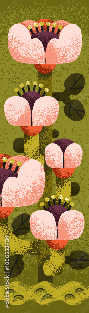 Fototapeta premium Bookmark design with creative floral art. Long paper book mark strip, abstract botanical background, narrow banner, page tag with fantasy nature, garden flower blossoms. Flat vector illustration