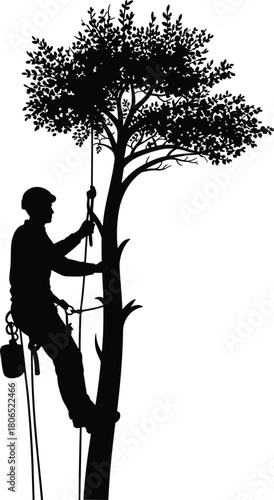 Silhouette of arborist climbing and cutting tree, professional tree worker with safety gear, black and white vector illustration design