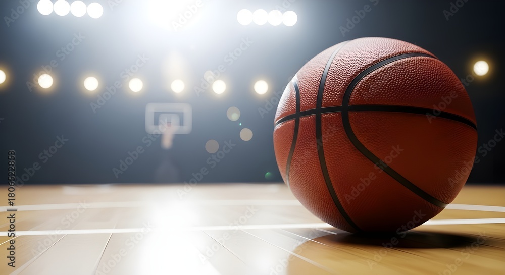 Fototapeta premium Basketball on court under arena lights ready for game