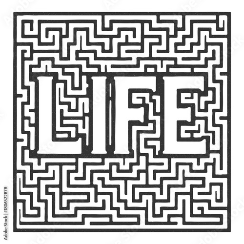 maze with the word LIFE embedded, representing challenges, decisions, and paths in life sketch engraving generative ai vector illustration. Scratch board imitation. Black and white image.