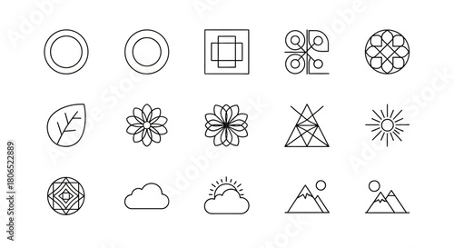 A collection of minimalist line art icons representing nature and geometric shapes