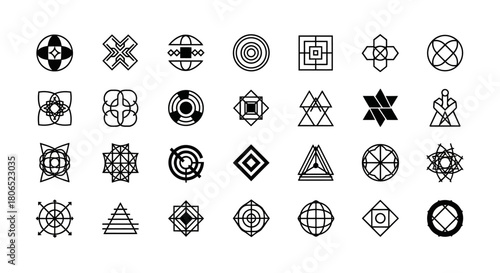 Collection of geometric symbolic vector icons, representing various abstract concepts and themes