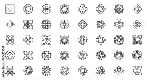 Collection of geometric patterns in monochrome featuring diverse symmetry and interwoven shapes