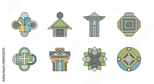 Assortment of simplistic geometric design elements in pastel colors offers architectural appeal