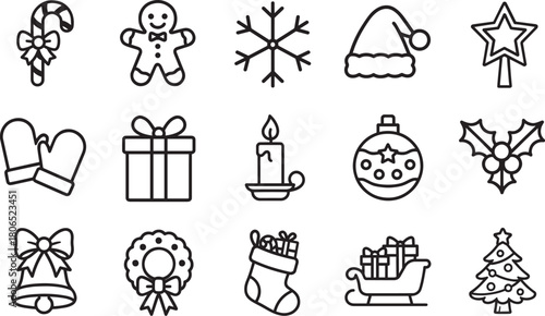 A collection of festive Christmas icons and symbols, meticulously crafted to evoke holiday joy and merriment. Each icon, from a glistening ornament to a twinkling star.