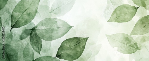 Elegant Green Leaves on Soft Watercolor Background for Nature Themes