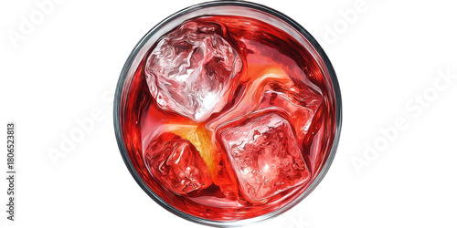 Top view of negroni drink with ice and orange twist