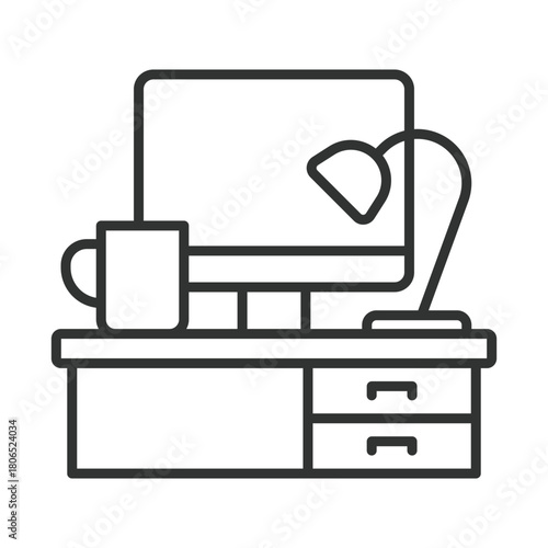 Work desk icon in line design. work desk, office desk, computer table, home office, study desk, workspace furniture on white background vector. work desk editable stroke icon
