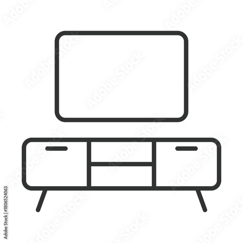TV cabinet icon in line design. tv cabinet, media stand, tv furniture, entertainment unit, living room decor, storage cabinet on white background vector. tv cabinet editable stroke icon