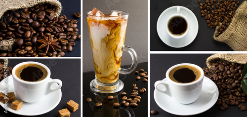 Coffee collage. Black coffee in the white cup and cold coffee in the drinking glass on a dark background. Close-up.