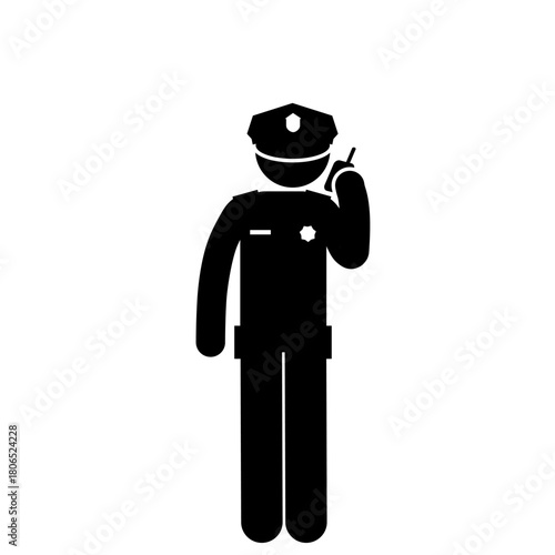 Stick figure police officer monitoring street activity.