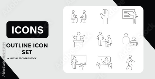 Outline Icon Set Depicting People in Various Education and Workplace Scenarios