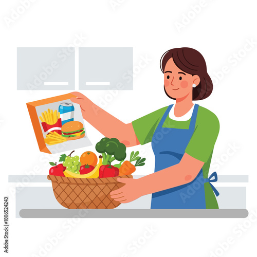 Modern woman chooses healthy foods over fast food for balanced diet
