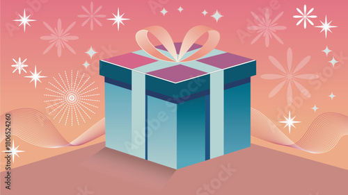 Festive gift box with ribbon and sparkling firework background illustration