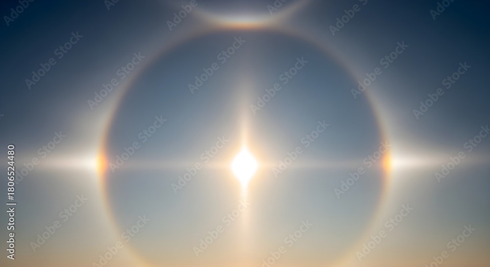 Fototapeta premium A sun halo appears in a clear blue sky featuring a bright circular ring around the sun and a smaller arc above it