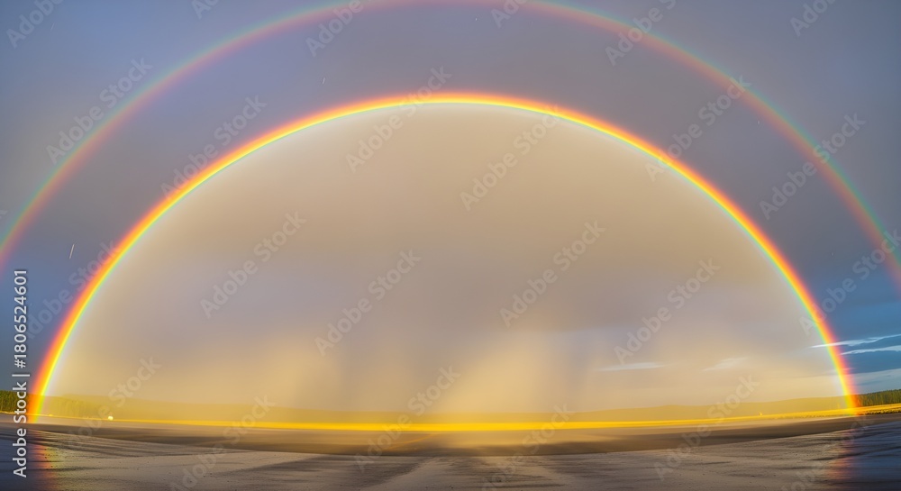 Naklejka premium Double rainbow arches over a wet ground with sky colors visible
