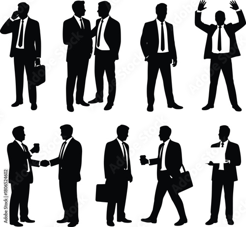 Set of businessman silhouettes in various poses, corporate professionals talking, shaking hands, and working, black and white illustration