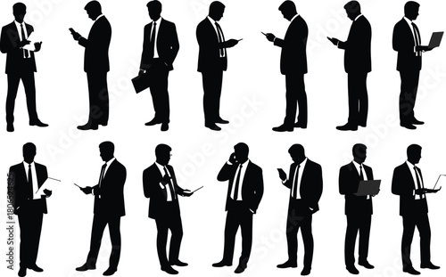 Set of businessman silhouettes using phone, tablet, and laptop, corporate professionals in various poses, digital communication concept illustration